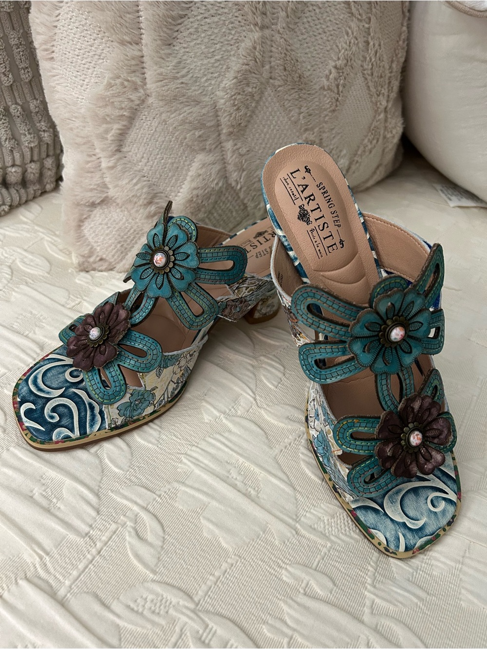 L'ATISTE Teal Floral Embellished Mules with Brown Accents